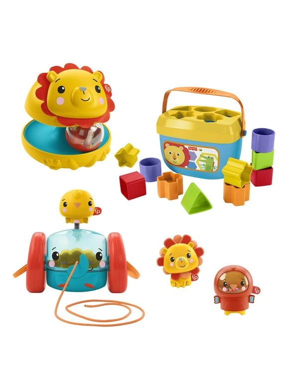Fisher-Price Busy Buddies Gift Set, 5 Animal-Themed Sensory Toys for Infants, Sorting Blocks