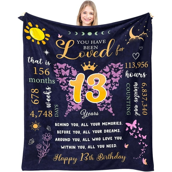 Happy 13th Birthday Gifts for Girls Throw Blanket 60"X 50", Birthday Gifts for 13 Year Old Girls, Teen Girl Gifts 13 Year Old, 13 Yr Old Birthday Gift Ideas, Birthday Present for Girls Age 13