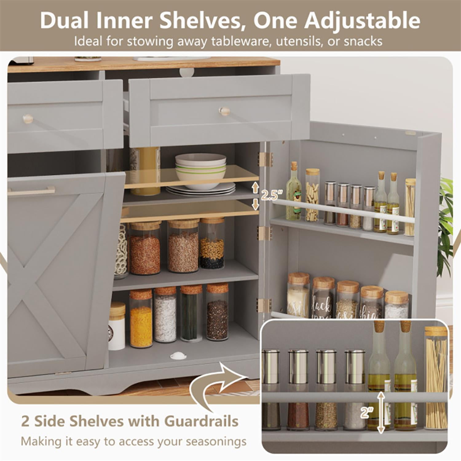 Demi Bonn Modern 2 Drawer Storage Cabinet for Entryway with Outlets and Adjustable Shelf, Tilt Out Trash Can Cabinet of Hallway, Gray