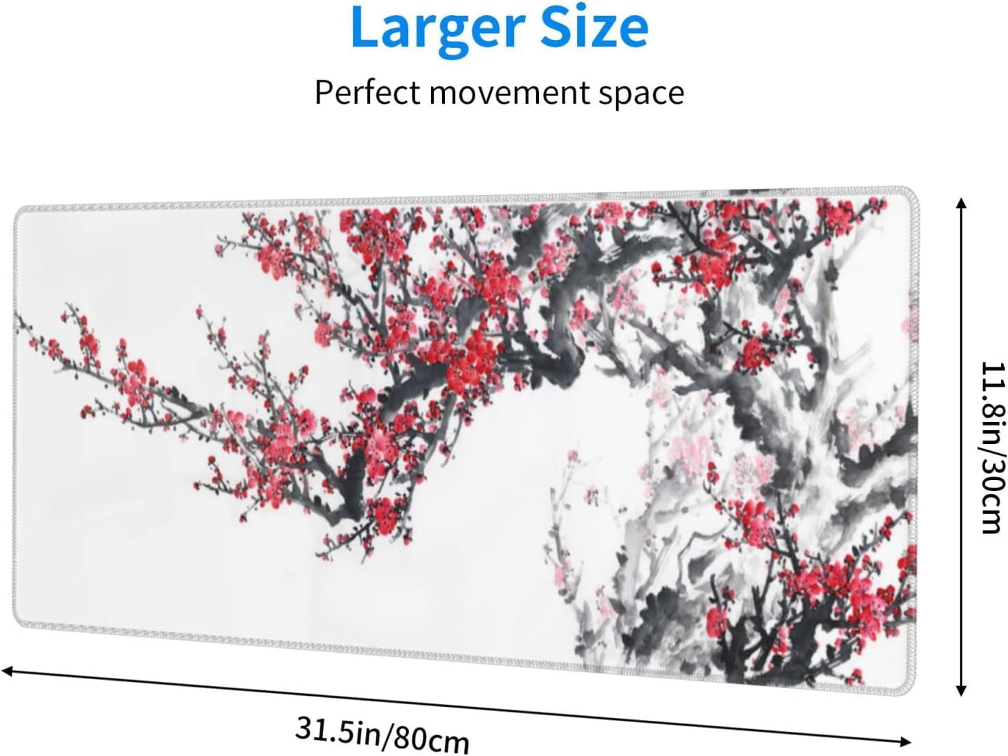 Large Gaming Mouse Pad, Plum Blossom XL Mousepad, Stitched Non-Slip Extended Keyboard Mats for Desk, Big Long Computer Loptop Pads Gifts for Women, (Red White, 31.5 * 11.8 in)