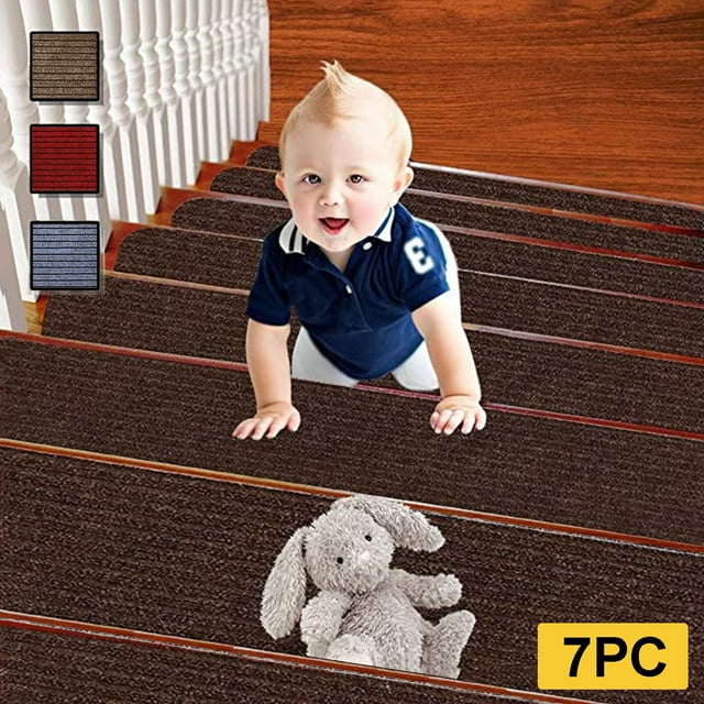 7 Pcs Tapis d'Escalier Antidérapants et Absorbants / Design Horizontal à Rayures en Polyester Brossé / Isolation Phonique et Résistance à l'Usure / Lavable à la Machine / 30x8 Po / Rouge, Gris, Brun