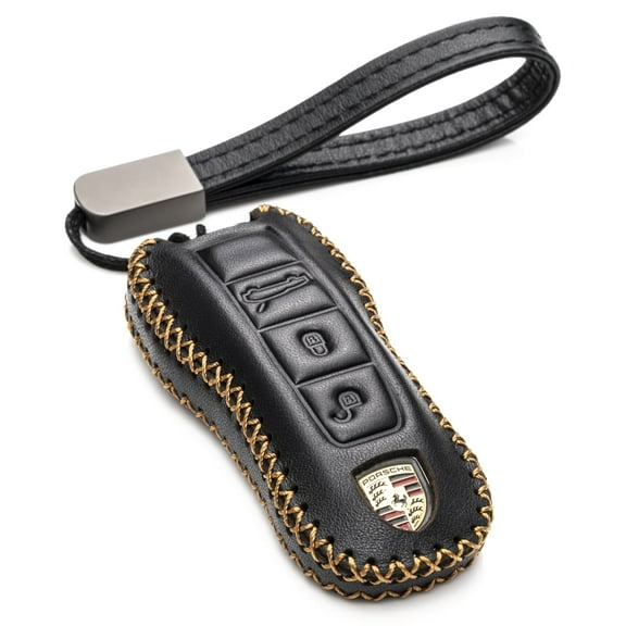 Vitodeco Genuine Leather Smart Key Fob Case Cover Protector with Leather Key Strap Compatible for 2020 - 2025 Porsche Cayenne, Macan, Panamera, 718, 911 (3-Button, Black)