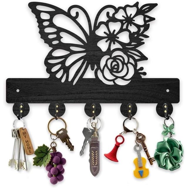 Llavero de pared de madera con diseño de mariposas y flores, 30 x 19 cm, con paisaje natural, color negro, con 5 ganchos de aleación.