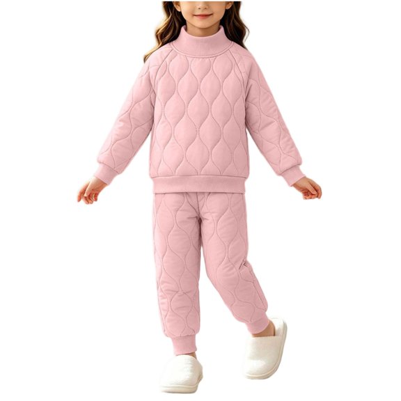 xaoyunyn 2 Piece Winter Outfits for Girls Warm Fleece Lined Stand Collar Quilted Tops Thermal Pant Sets 0-10 Years