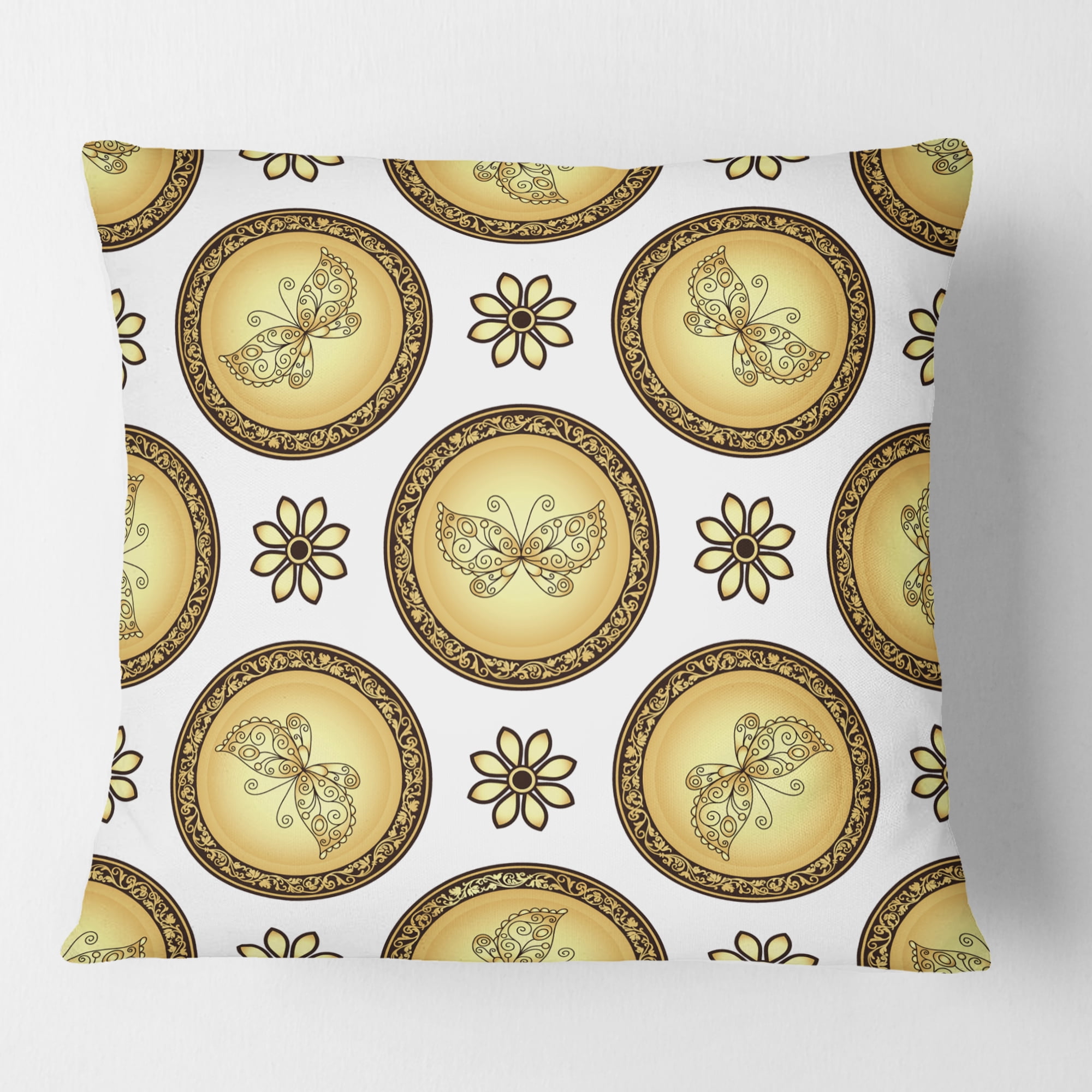 Designart Gold and browne pattern with gradient vintage circles' Mid-Century Modern Throw Pillow - 18x18