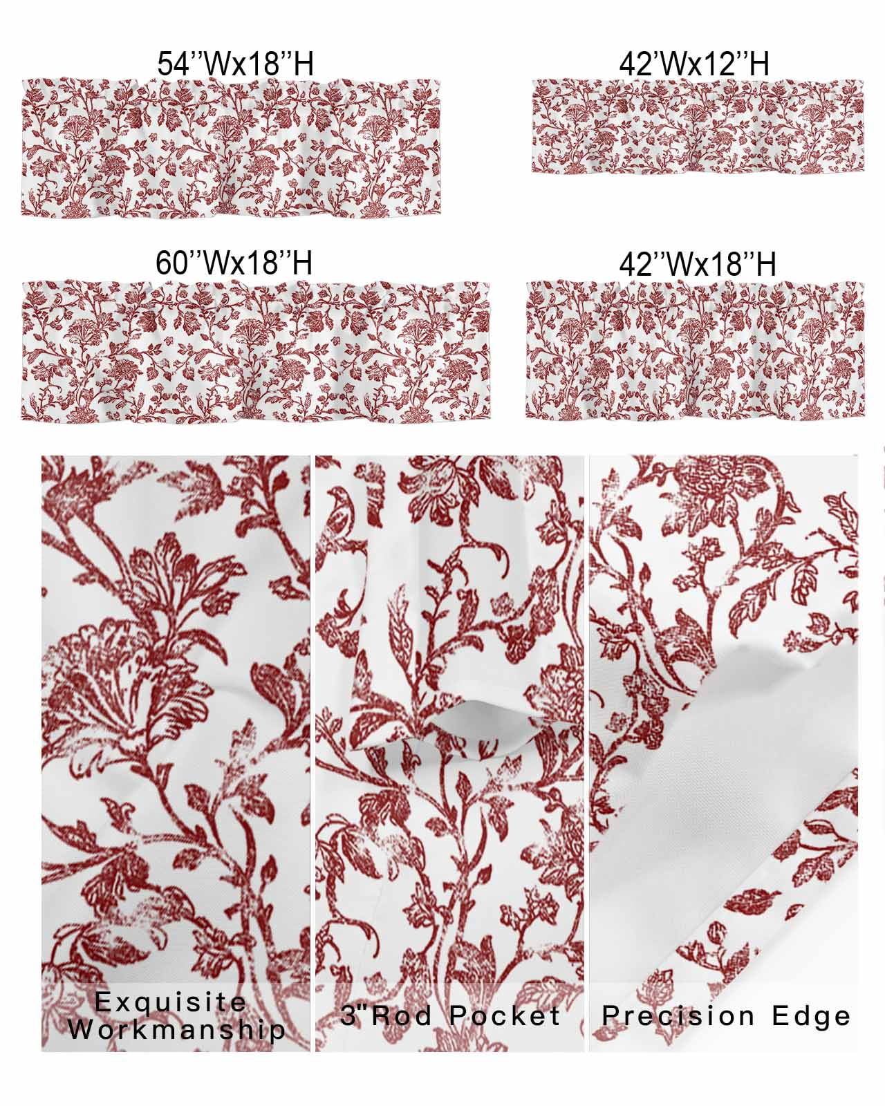 Red Pastoral Flower Curtain Valances for Kitchen Windows,Rod Pocket Short Valance Vintage Rustic Farmhouse Floral Window Treatment for Living Room Bathroom Bedroom,54" x 18"-1 Panel