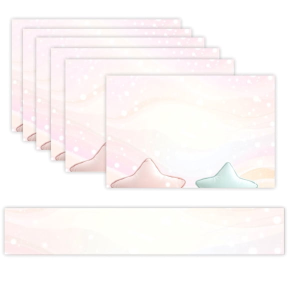 7 Piece Linen Table Runner and Placemats Set, Pastel Star Background Round Corner Heat Resistant Washable Table Mats for Home Kitchen Dining Party Decoration