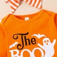 thumbnail image 4 of URMAGIC Newborn Baby Girls Halloween Letter Print Outfits Infant Toddler Long Sleeve Romper +Stripe Trumpet Pants+Headband 3PCS Set, 4 of 10