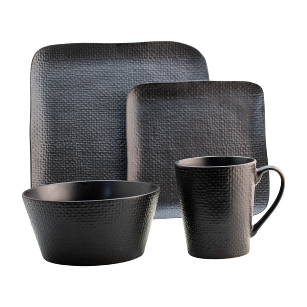 Set Vajilla Cerámica Negra, Diseño Cuadrado Premium, Colección Cairo, Vajilla 16 Piezas para 4 Personas con Caja de Regalo