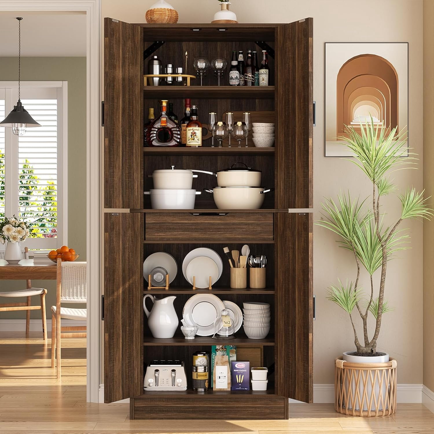 iSunirm 71" Tall Kitchen Pantry Storage Cabinet with Drawer, 4 Doors and 4 Adjustable Shelves, Freestanding Wood Farmhouse Pantry Cabinet for Kitchen, Dining Room, Pantry