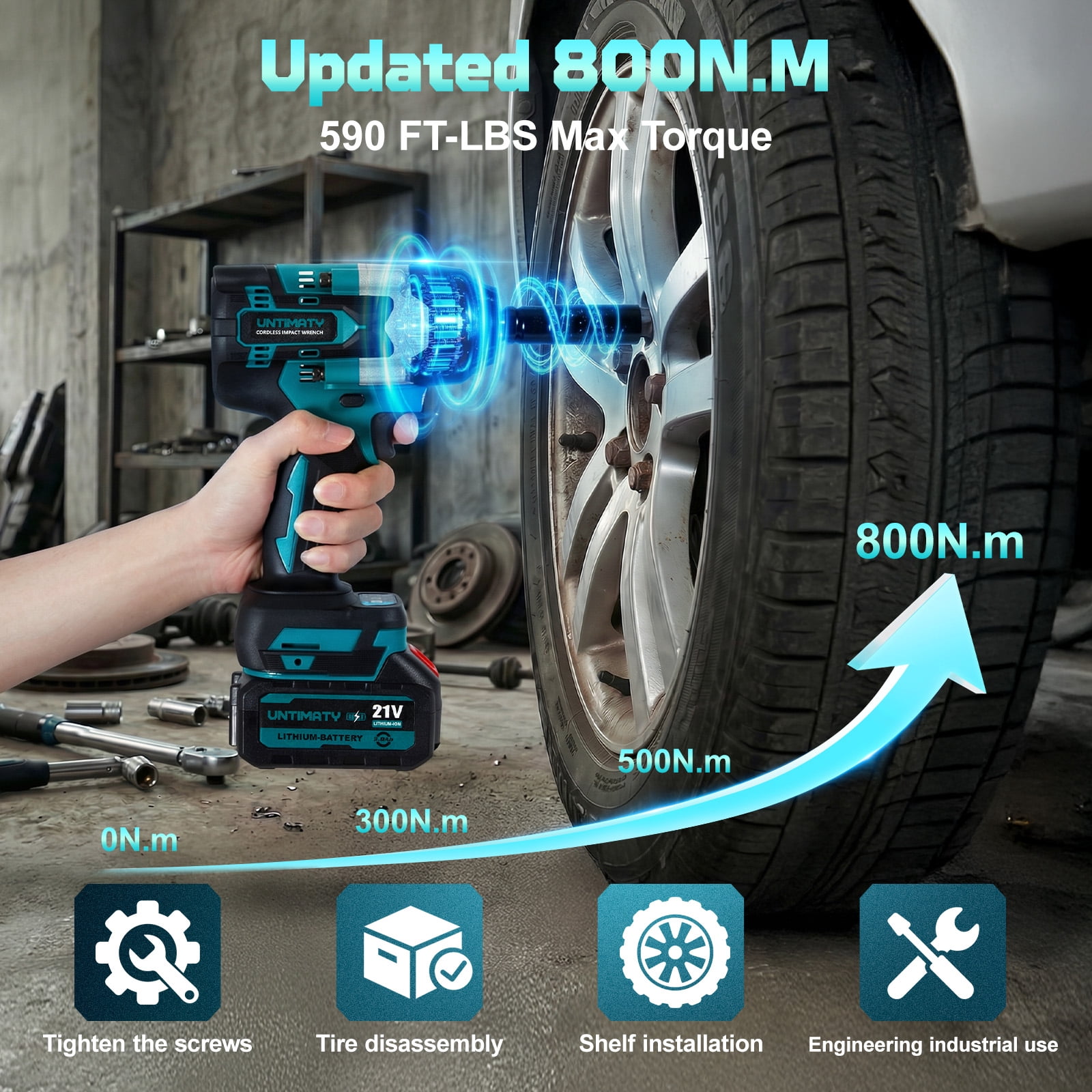 Cordless Impact Wrench, UNTIMATY 1/2 inch Brushless High Torque Impact Gun, Max Torque 590 Ft-lbs(800N.m),3300 RPM Impact Driver with 21V Brushless Motor,2x3.0Ah Li-ion Battery for Car Home Repair
