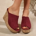 thumbnail image 2 of Rokment Peep Toe Platform Wedge Slides Sandals for Women Ladies Fashion Casual Suede Chunky High Heels Dress Slip on Cork Footbed Summer Shoes Red Size 6, 2 of 8