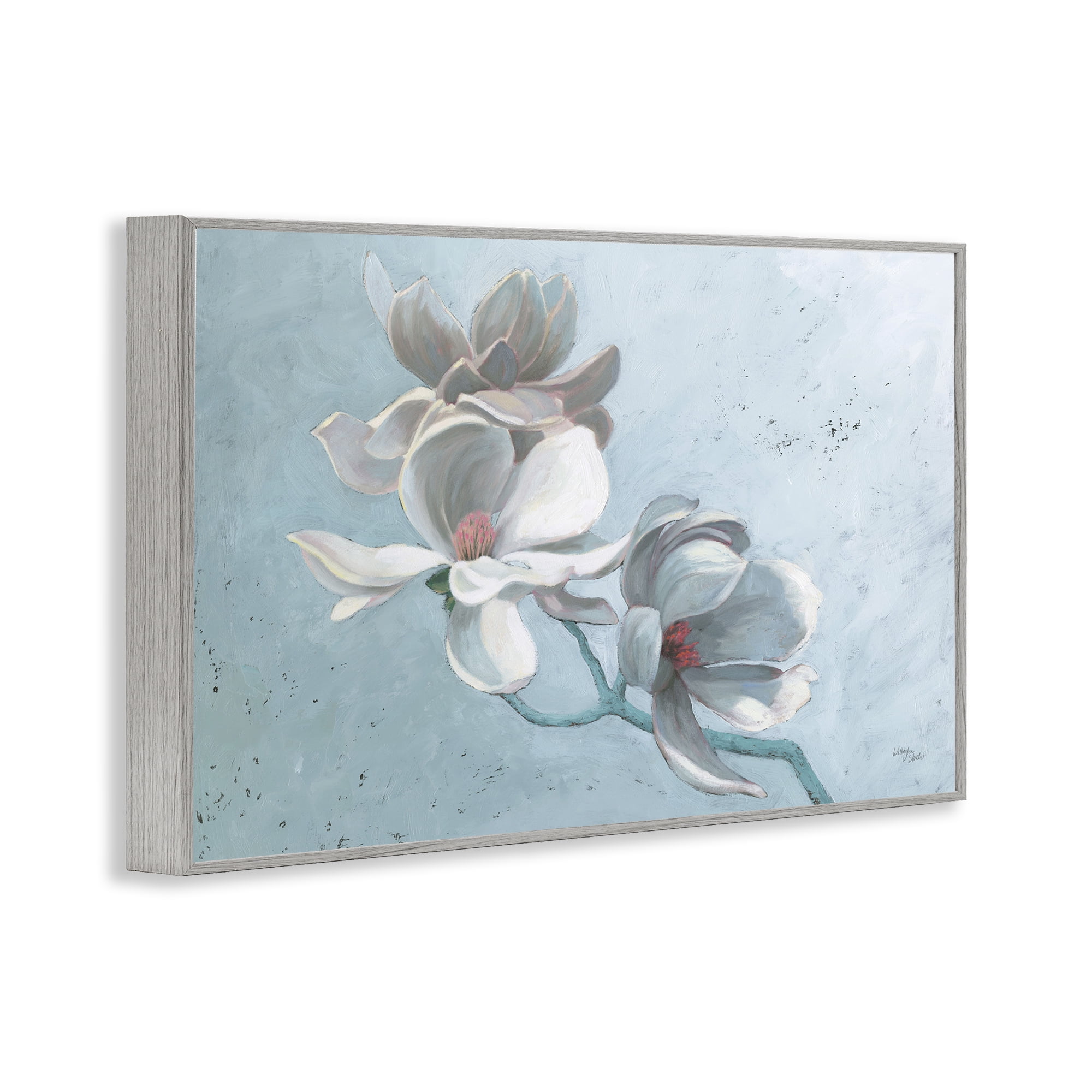 Stupell Industries Magnolia Branch on Blue Botanical & Floral Painting Gray Framed Art Print Wall Art, 30 x 20