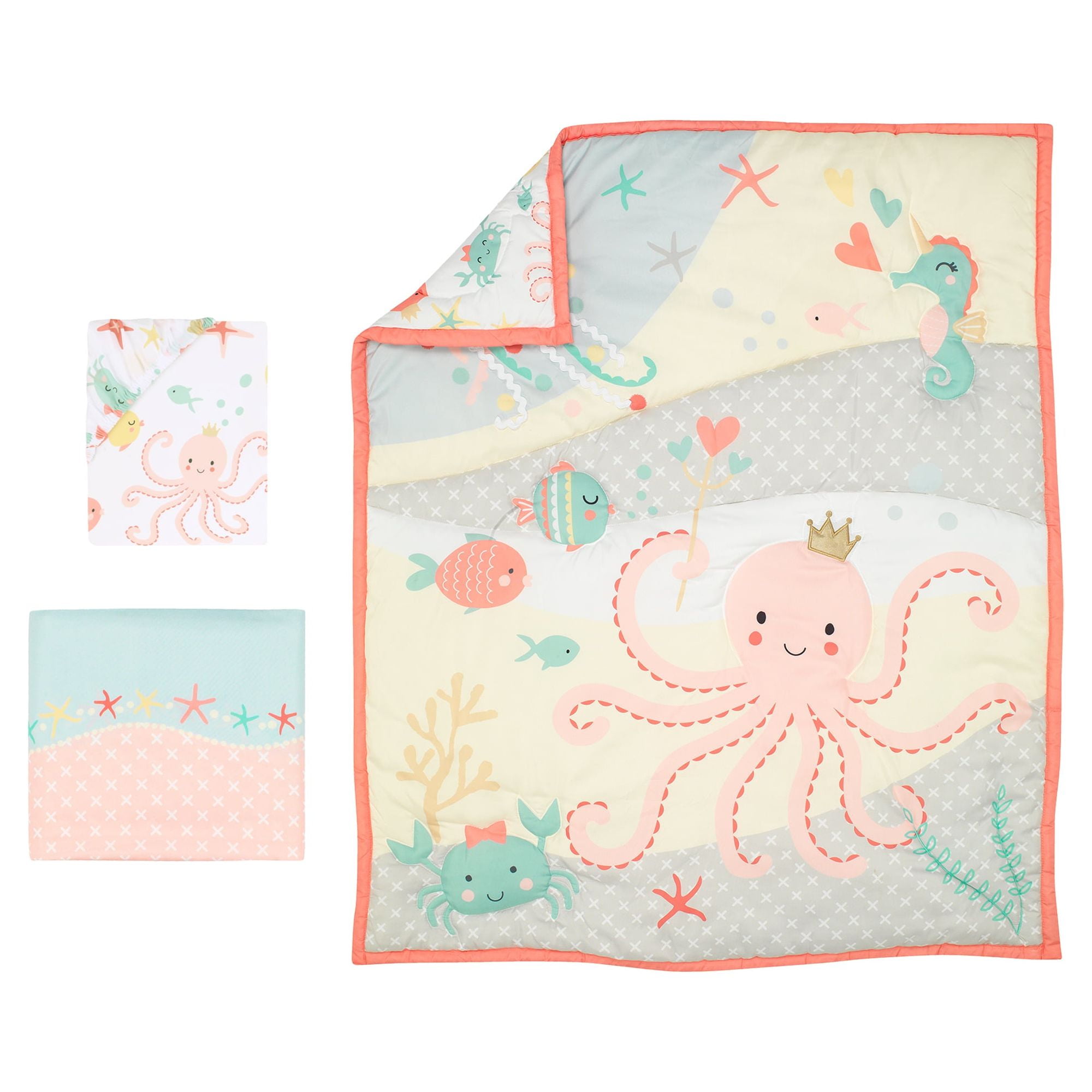 Bedtime Originals Ocean Mist 3-Piece Pink/Gray/Yellow Baby Crib Bedding Set
