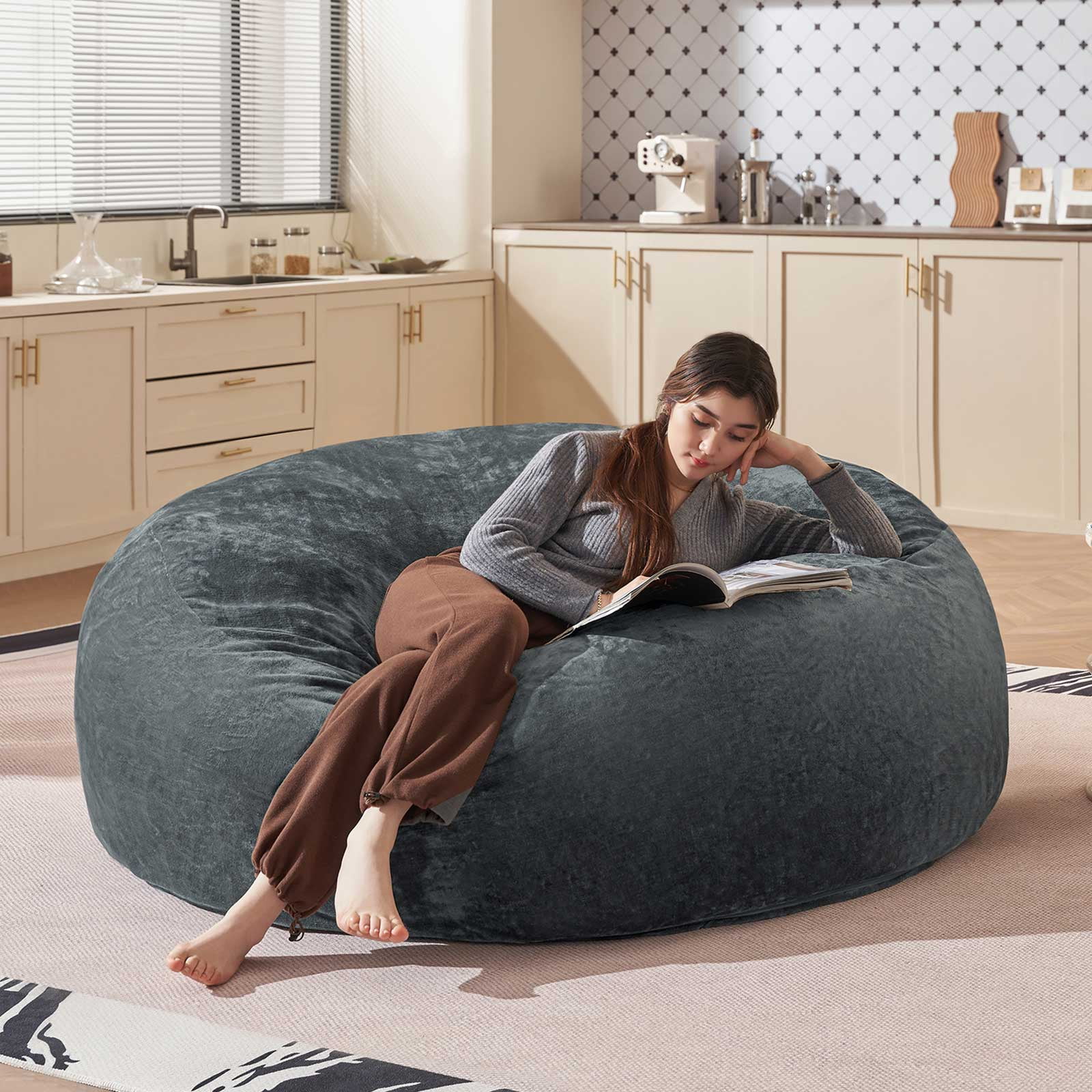 Bean Bag Chair 6FT,  Large Memory Foam Filled Chair for Adults and Teens, Soft Sofa with Removable Flannel Cover, Round Couch for Living Room Bedroom College Dorm