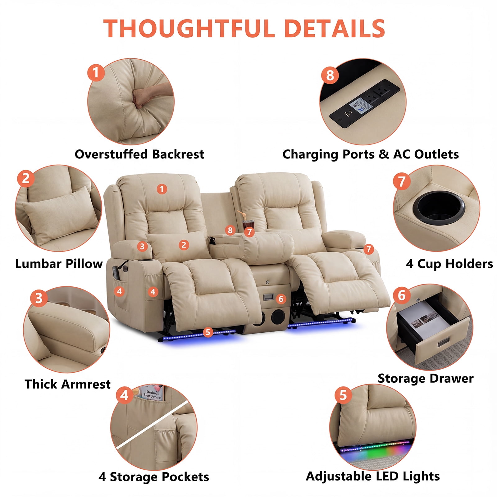IPKIG Sand Color Power Recliner Loveseat Sofa w/ Massage, Heat, LED Lights, Bluetooth Speakers, USB Ports, Power Outlets Console for Home Theater & RV