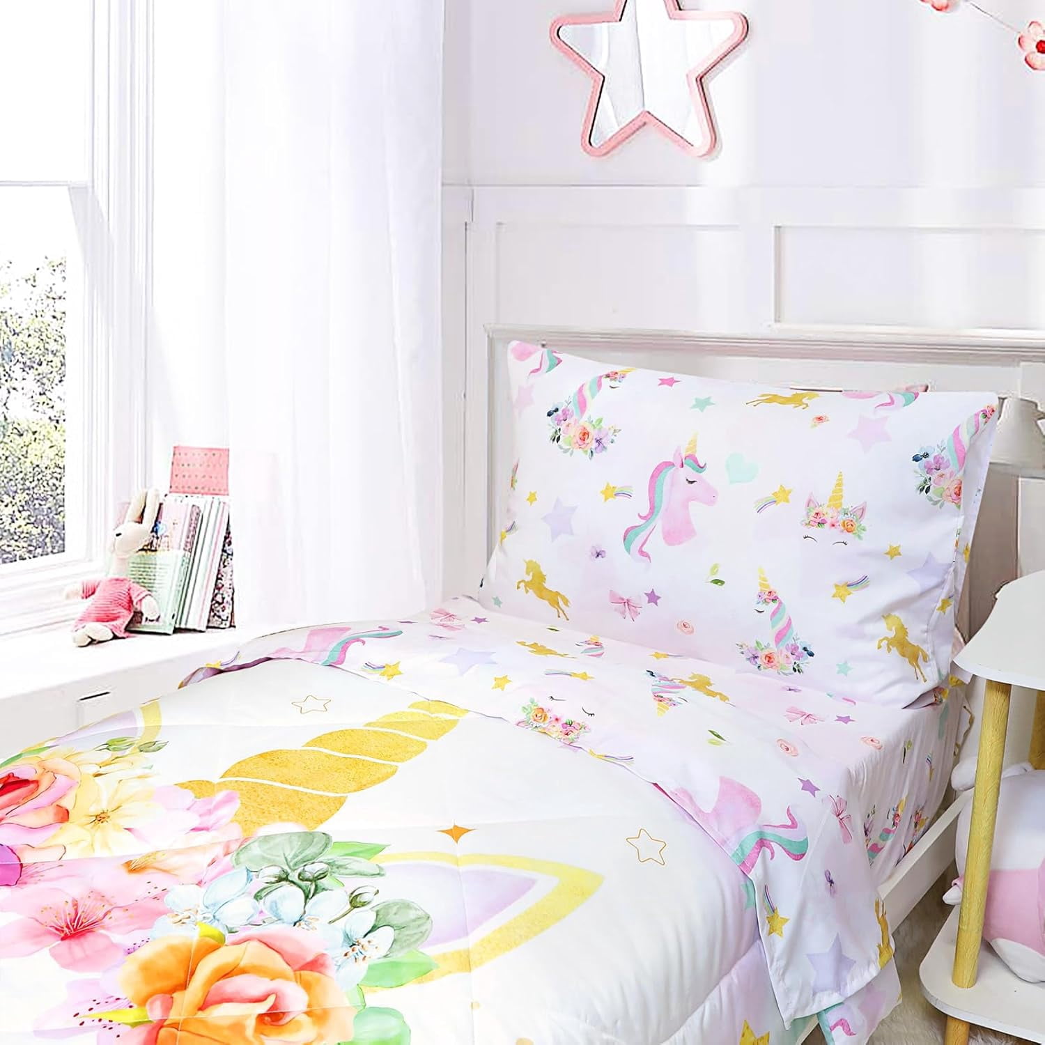 Toddler Bedding Sets for Girls, Unicorn Toddler Crib Bedding Set 4 Piece Pink Floral Toddler Comforter Set Includes Flat Top Sheet, Fitted Sheet, Comforter, Envelope Pillowcase, Soft & Comfort
