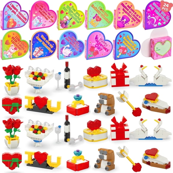 Valentines Day Gifts, 24Pcs Valentine building Block with Valentine's Cards for Kids Valentine Day Party Favors, Prize Supplies, Valentine's Gifts Exchange School Rewards