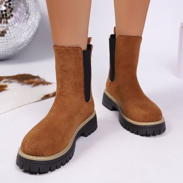 Fankiway Bottes à Bout Rond en Suède pour Femmes Style Britannique Bottines à Talon Épais pour Femmes Automne Hiver Chaussures Mode Brun
