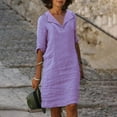 thumbnail image 2 of KIHOUT Robes d'Été pour Femmes, Mode pour Dames Robe à Col en V à Manches Mi-Longues Unie à Enfiler Violet m, 2 of 6
