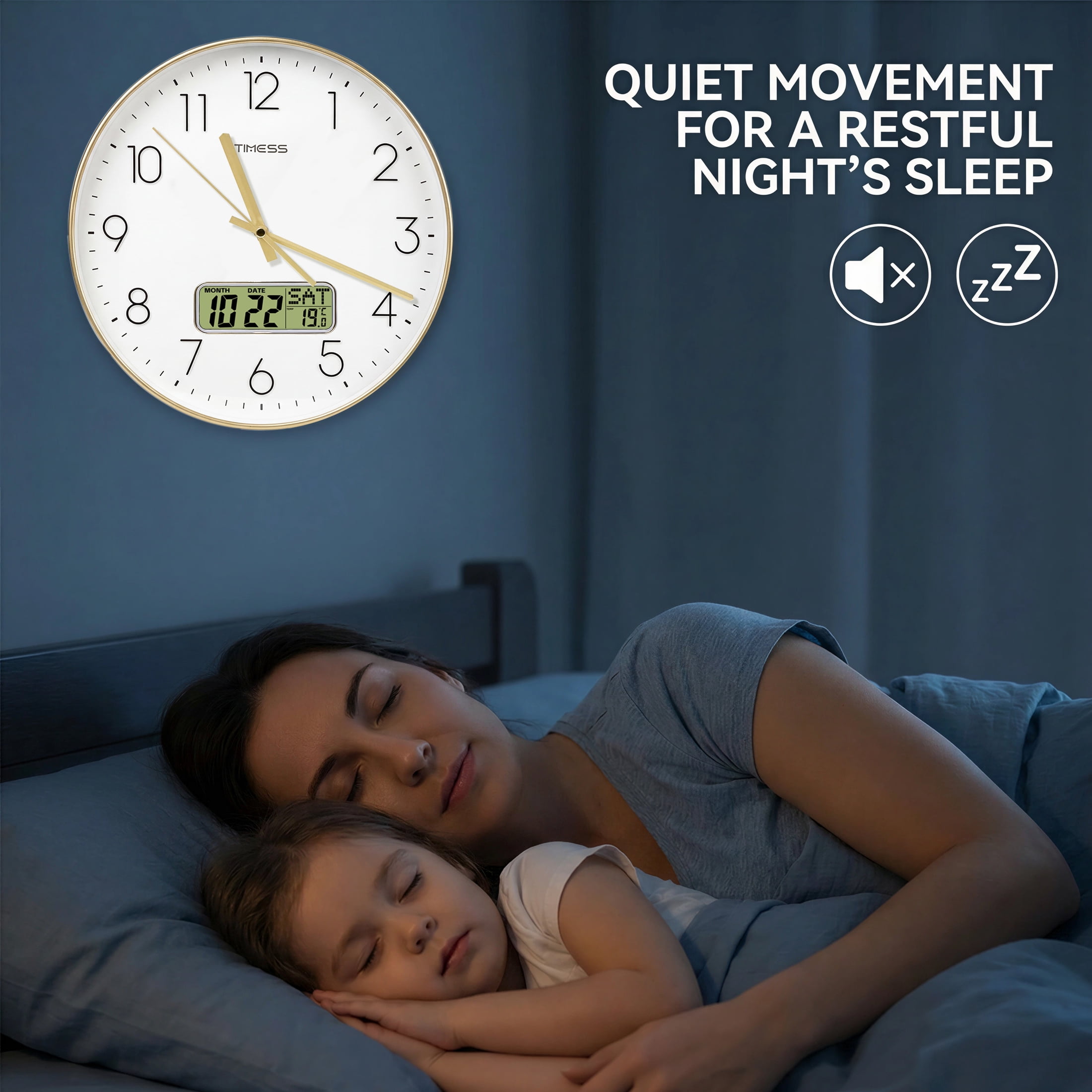 TIMESS 12 Inch Silent Wall Clock with Date Display, Large Easy-Read Numbers, Battery Operated, Modern Home Clock (Gold)