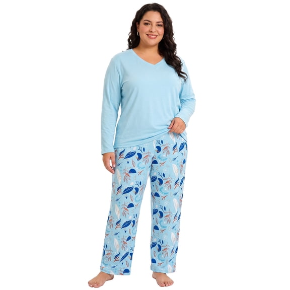 Plus Size Pajamas, PUTUO Women Pajamas Sets for Women, Soft Lightweight Long Sleeve V Neck Pjs Sets, Stretchy Print Sleepwear Loungewear, Light Blue, 2XL