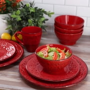 Malibu Ocean Bloom 16-Piece Stoneware Dinnerware Set, Red