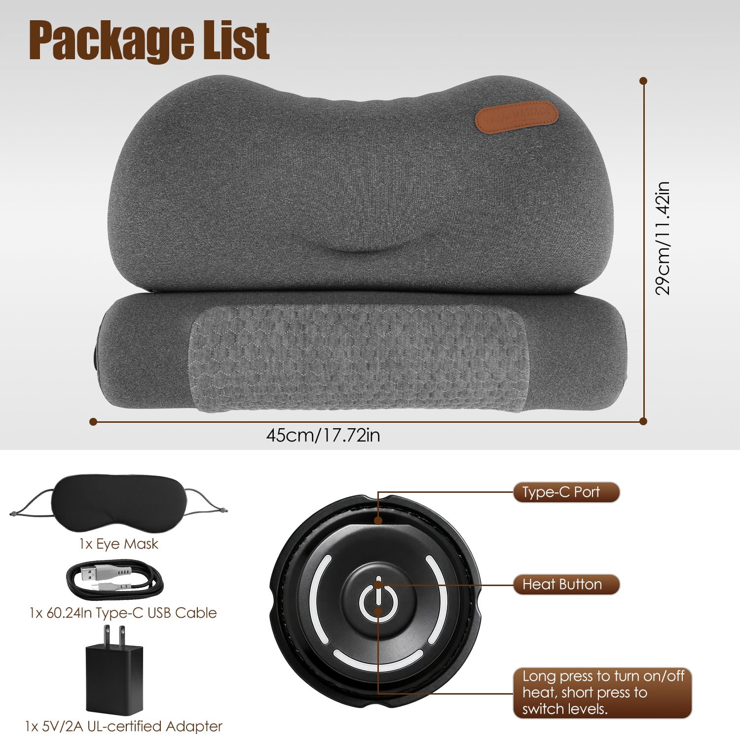 55D Heated Neck Pillow Memory Foam Cervical Support 3Heat Levels 30Mins Auto Off Overheat Protection Dark Grey Polyester Spandex USB Powered Home Office Travel Sleep Eye Mask Type C Adapter 17.72In