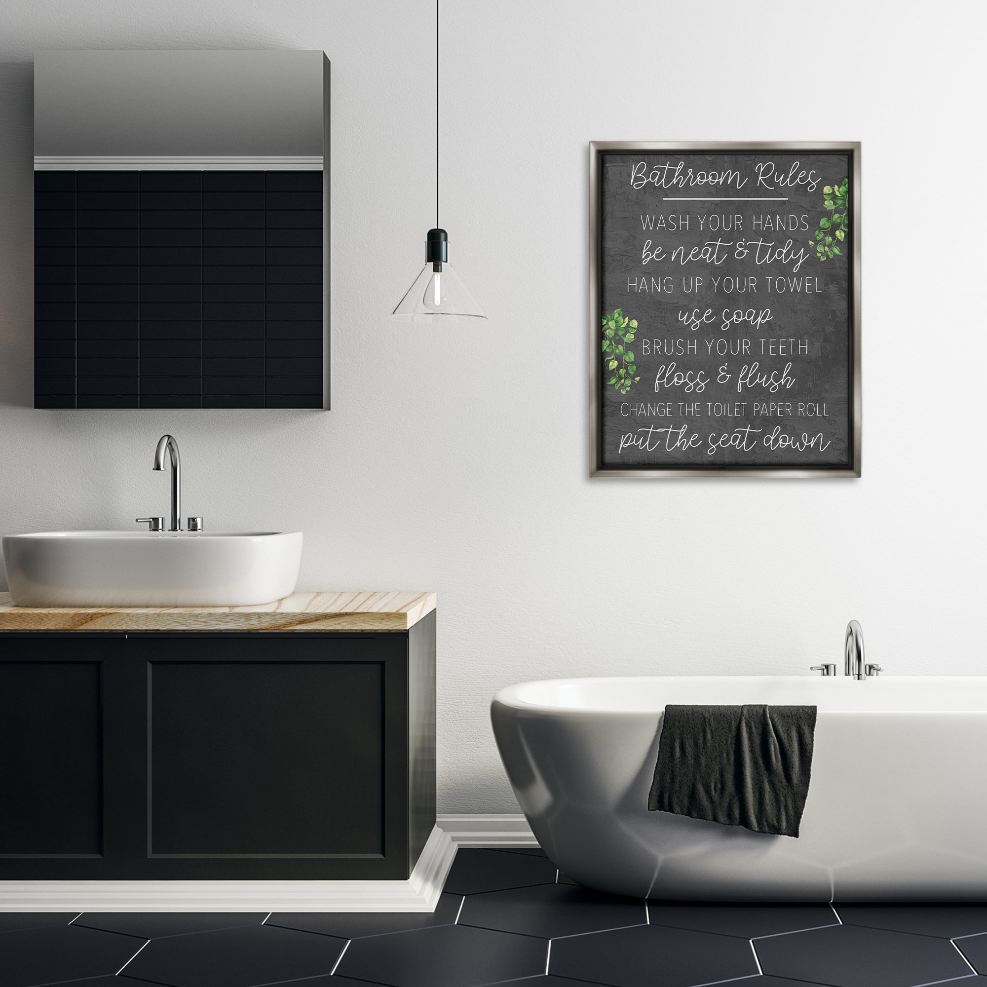 Stupell Industries Bathroom Rules with Greenery Bath & Laundry Painting Gray Floater Framed Canvas Art Print Wall Art, 25 x 31
