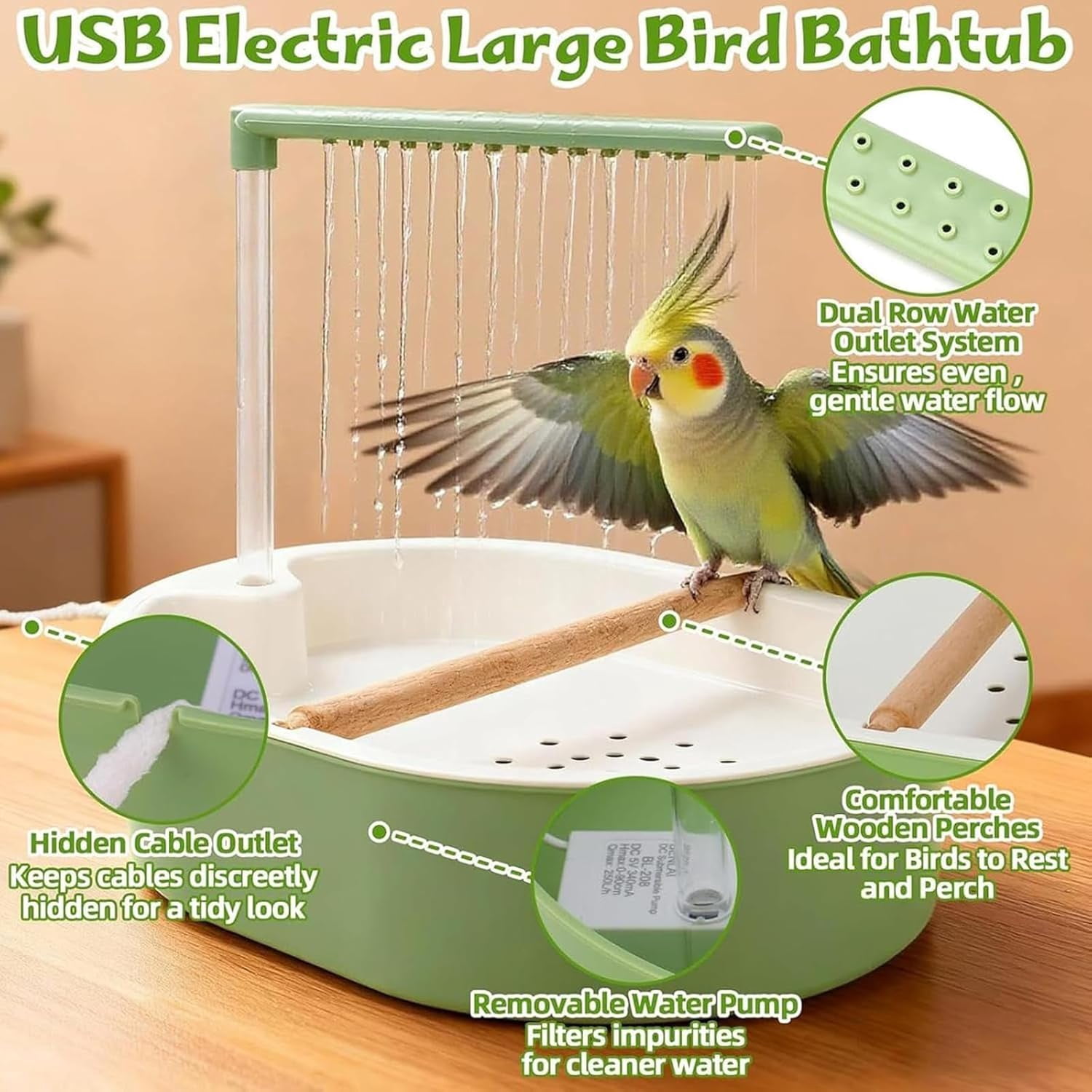 Automatic Bird Bath with USB Shower Pump 2026 New, USB Powered Circulation Pump Automatic Rain Shower,  Easy Clean for Parakeet Budgie Cockatiel