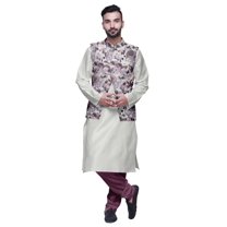 Atasi Men Mandarin Collar Solid Kurta Churidar Pajama & Printed Nehru Jacket Set