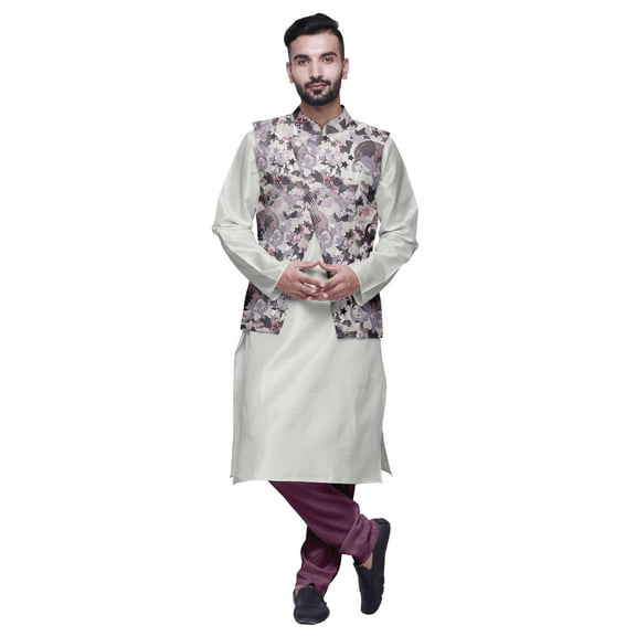 Atasi Indian Long Kurta Men Solid Kurta Pajama With Printed Nehru Jacket Set