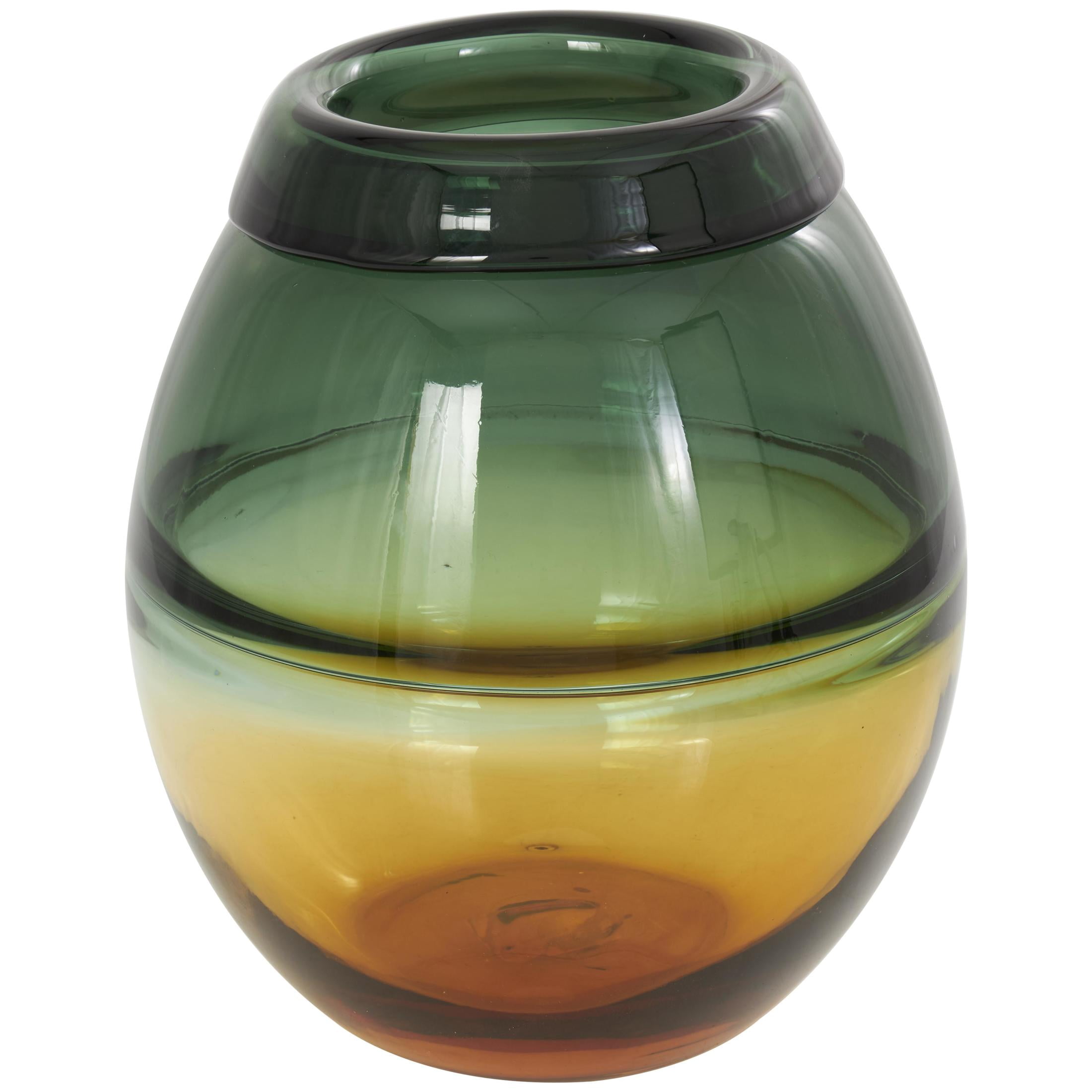 DecMode 11" Handmade Ombre Green Glass Vase with Yellow Base