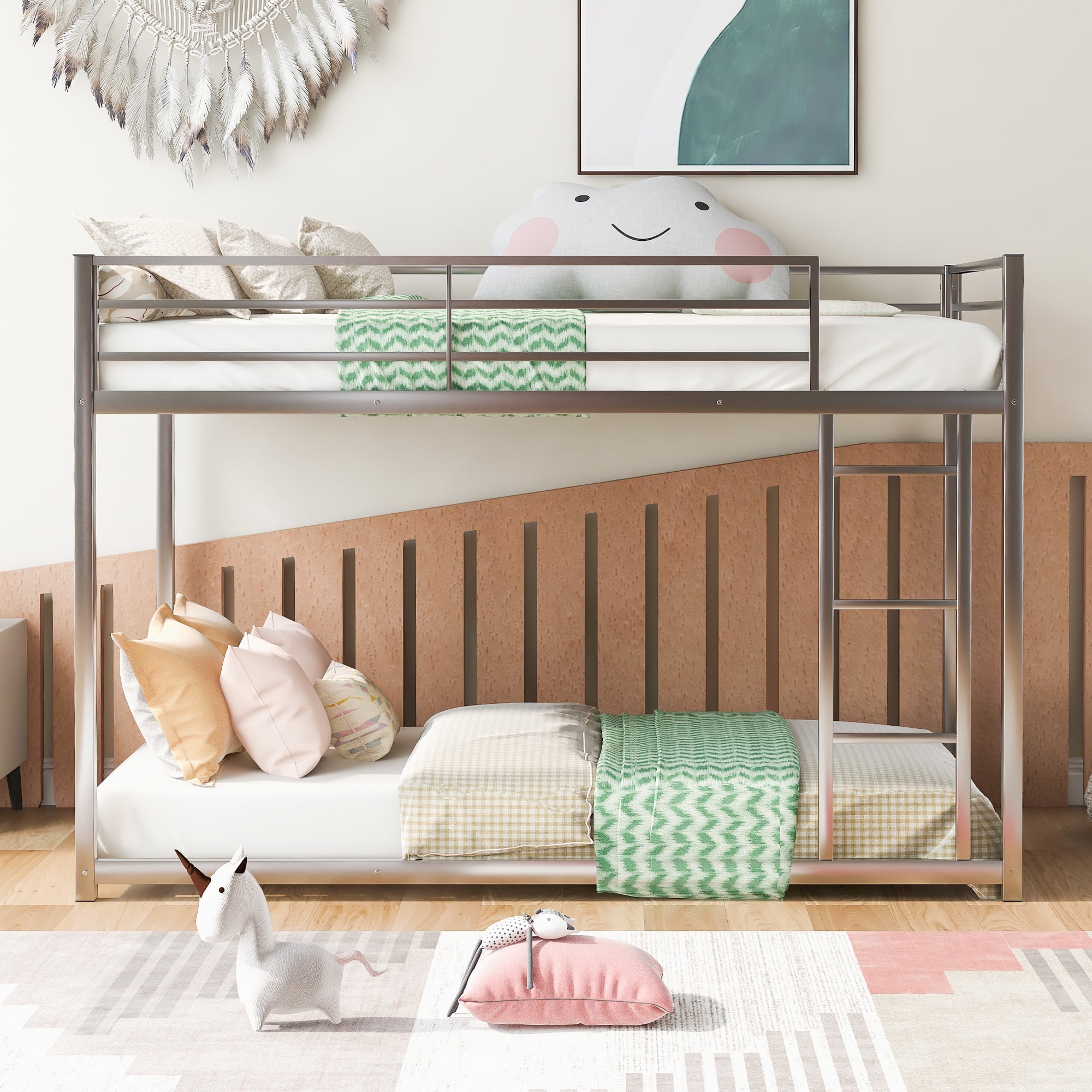 EUROCO Metal Twin over Twin Bunk Bed, Low Profile Bunk with Ladder and Full Length Safety Guardrails for Kids Teens Adults, 350lb Capacity Heavy Duty Space-Saving Bed Frame, Silver