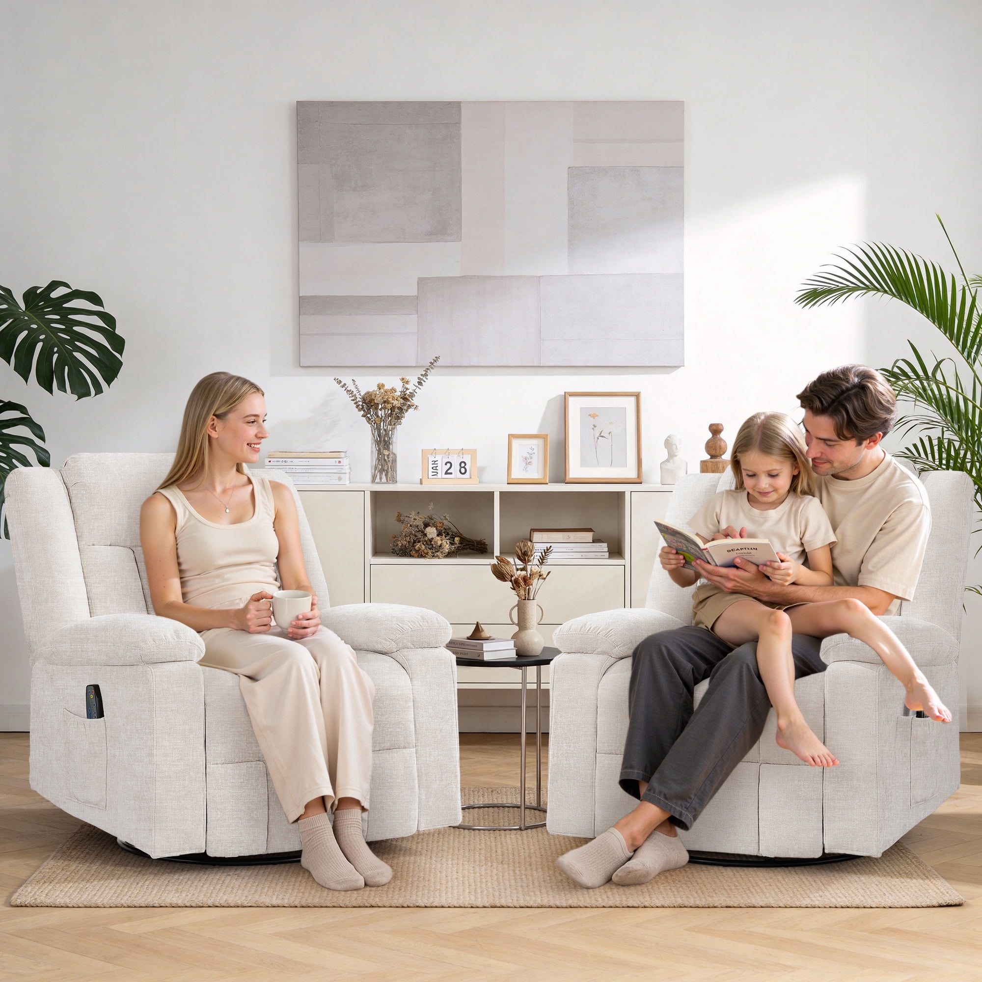 Korser 360°Swivel Rocker Recliner with Massage and Heating,Rocker Recliner Chair for Adults with Side Pockets Nursery Glider Recliner for Living Room,Chenille,Beige