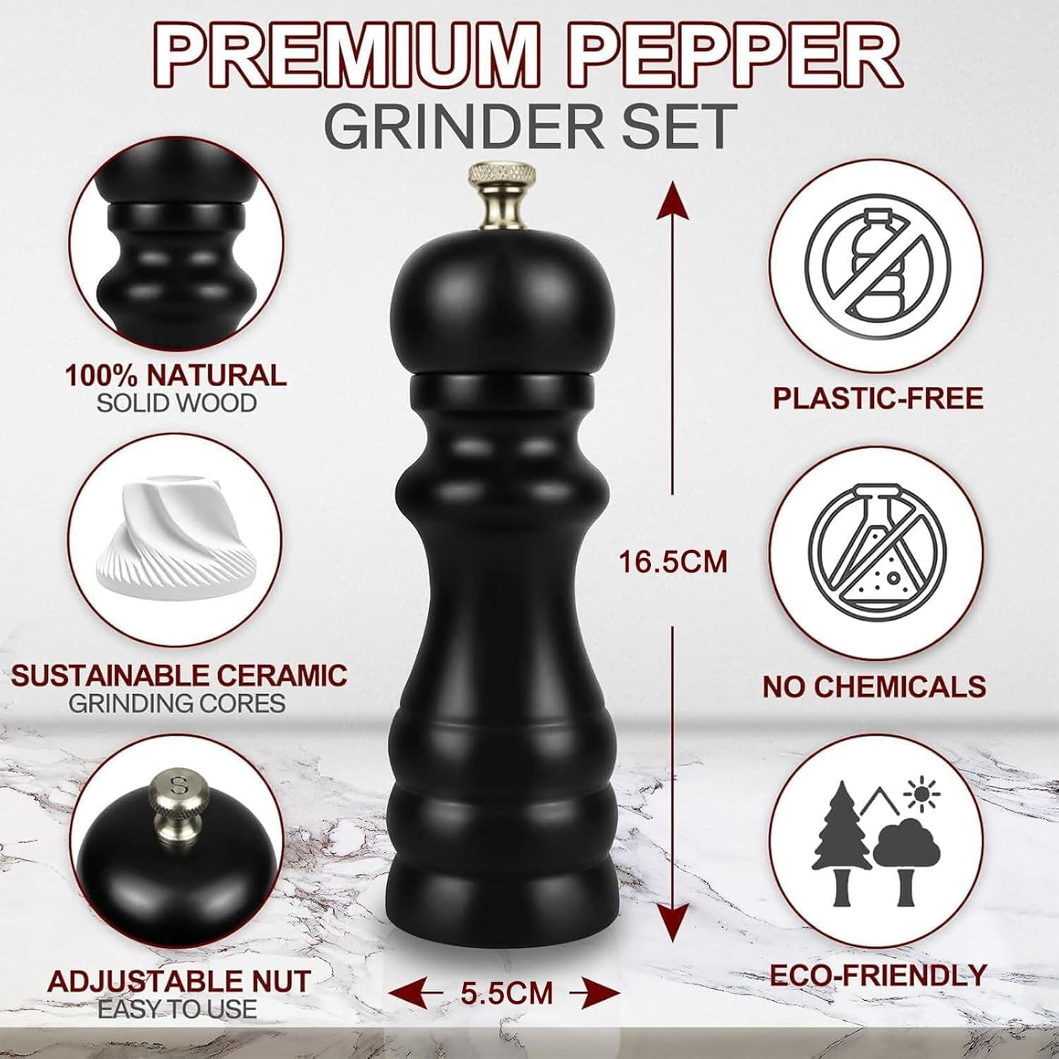 Salt and Pepper Grinder Set of 2, Manual Salt Mill & Pepper Mills with Adjustable Coarseness, Refillable Wood Spice Shakers, Kitchen Accessories for Chili, Sesame, Himalayan (Black and White)