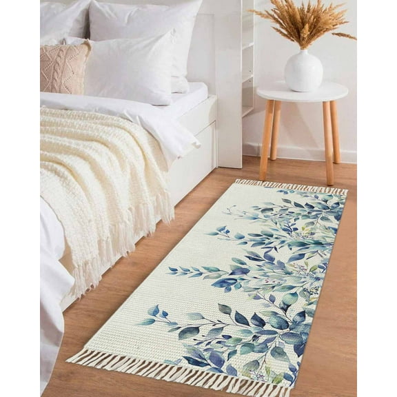 Blue Teal Eucalyptus Leaves Hallway Runner Rug 2x5ft,Watercolor Weeping Botanical Washable Woven Living Room Bedroom Kitchen Bathroom Carpet with Tassels,Indoor Outdoor Throw Door Mat for Entryway
