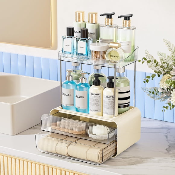 Organizador Delamu para encimera de baño, 2 cajones, 2 niveles, color crema blanco