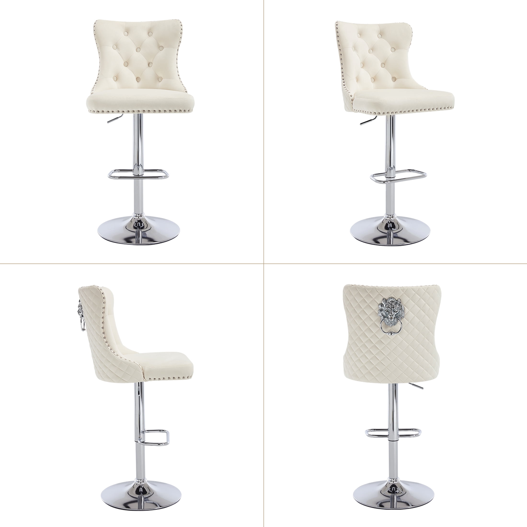 Velvet Bar Stools Set of 4 Modern Counter Height Bar Stools with Lion Pull Ring Tufted Back, Nailhead Upholstered Barstools for Home Kitchen Island, Swivel Adjustable Stool Chair in Cream