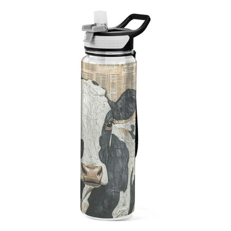 

Oil Painting Cow Newspaper Backgound Transparent Sports Water Bottle with Straw BPA Free Tritan 32oz for Gym Camping