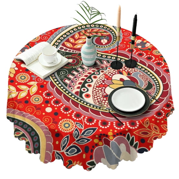 Paisley Pattern Round Tablecloth 60 Inch Diameter Decorative Style Table Cover Stain Resistant Polyester Fabric Kitchen Outdoor