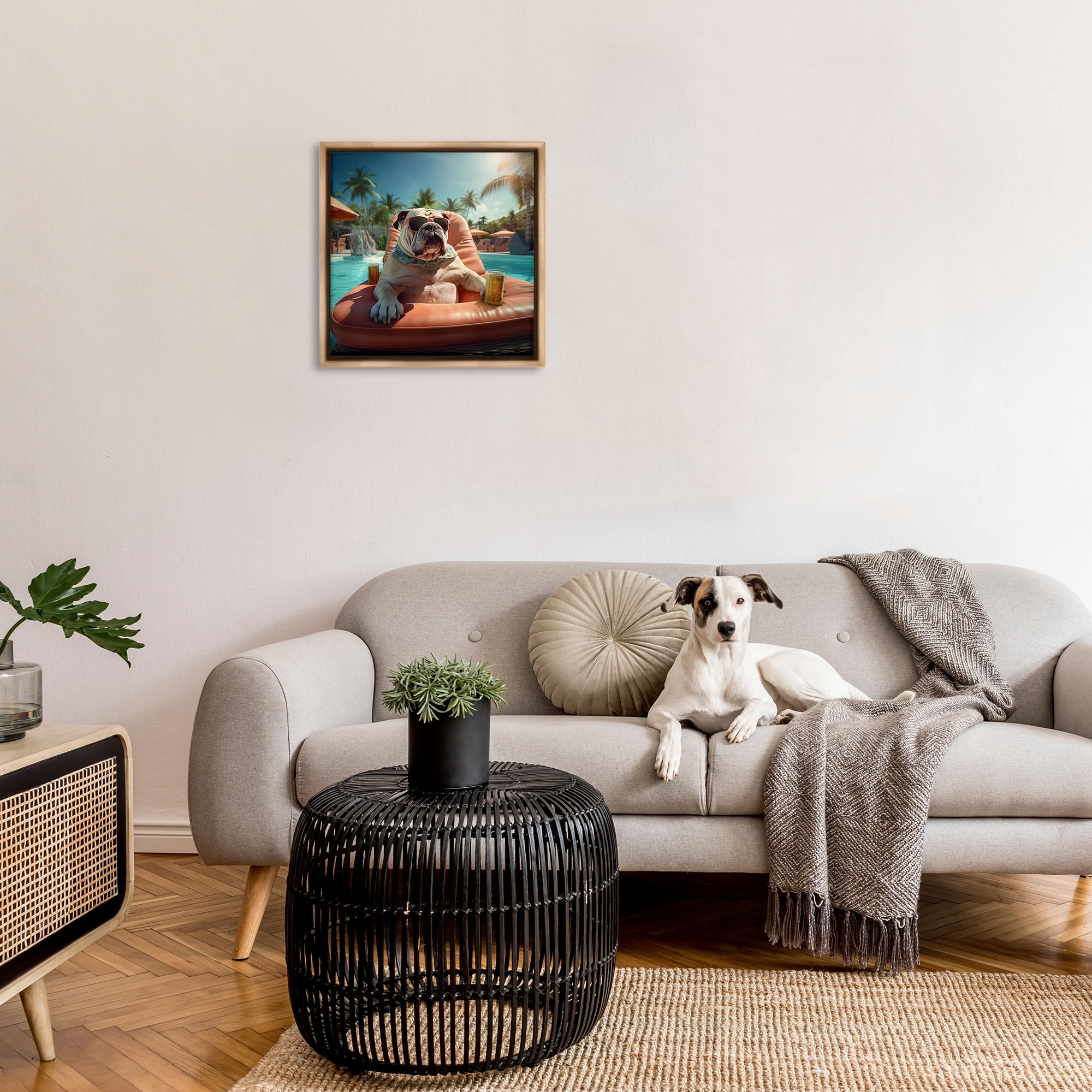 Stupell Industries Bulldog in Resort Pool Animals & Insects Painting Brown Floater Framed Canvas Art Print Wall Art, 25 x 25