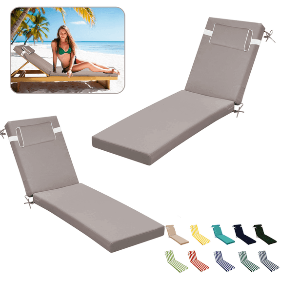 SDJPOI Outdoor Chaise Lounge Cushions Set of 2, 72" x 21" x 3" Thick Patio Furniture Replacement Cushions, Waterproof Lounge Chair Cushion with Headrest & Ties for Pool Beach
