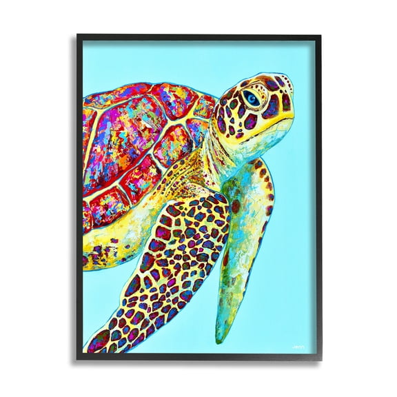 Swimming Sea Turtle Turquoise Accent Animals & Insects Graphic Art Black Framed Art Print Wall Art