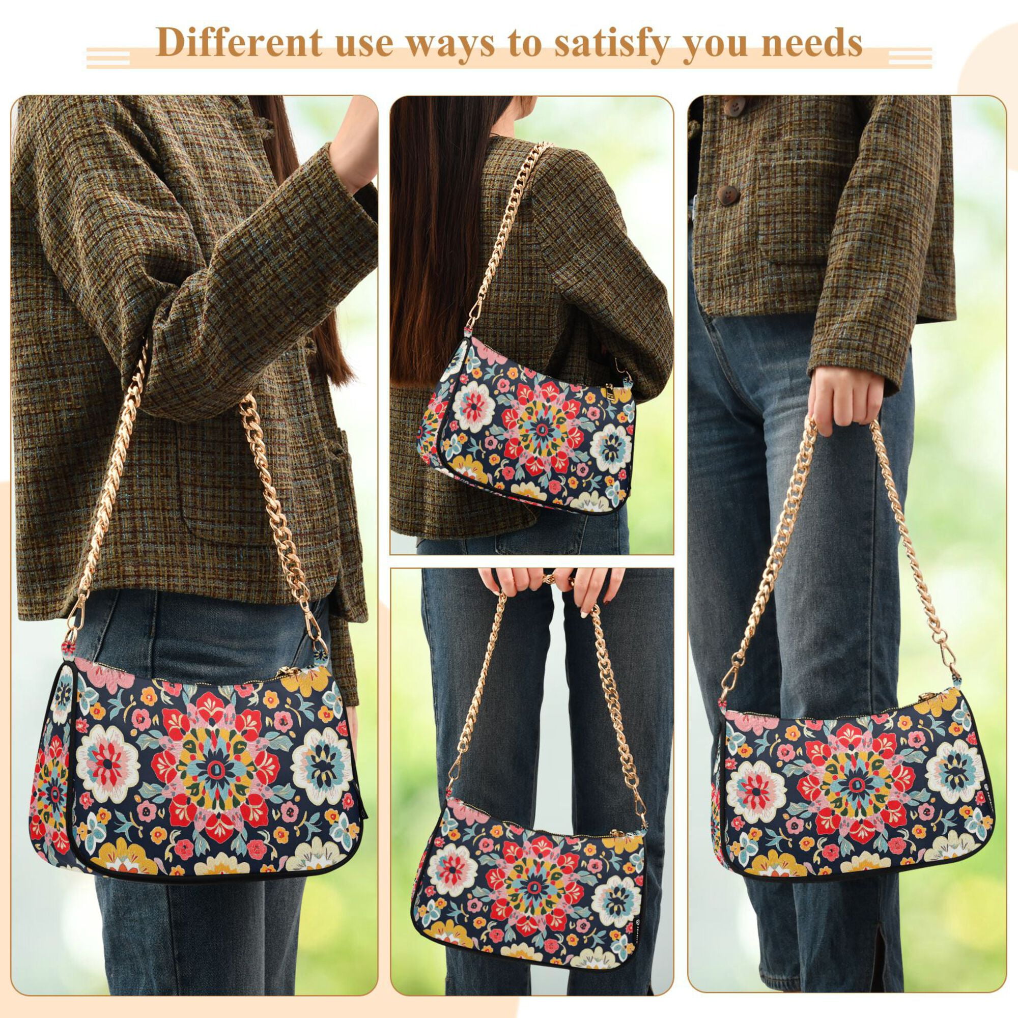 FORMRS Womens Shoulder Bag with Chain Strap Clutch Purse Cute Tote Handbag, Colorful Floral Pattern