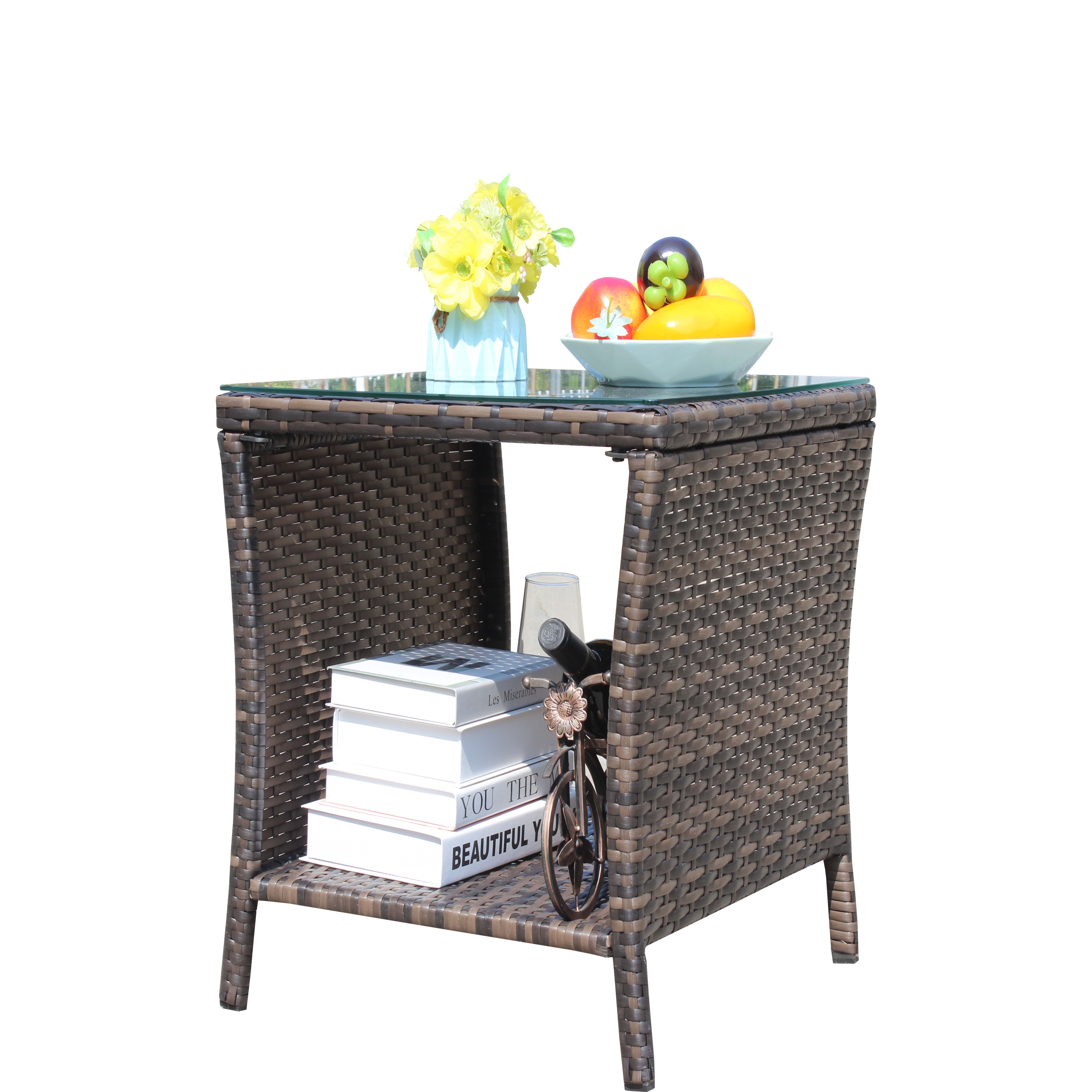 PE Rattan Outdoor Patio Coffee Table with 0.2 Inch Clear Tempered Glass Top, 19.25×19.25×21 Inch Steel Frame Side Table, 120LBS Weight Capacity UV & Water Resistant Garden Deck Table