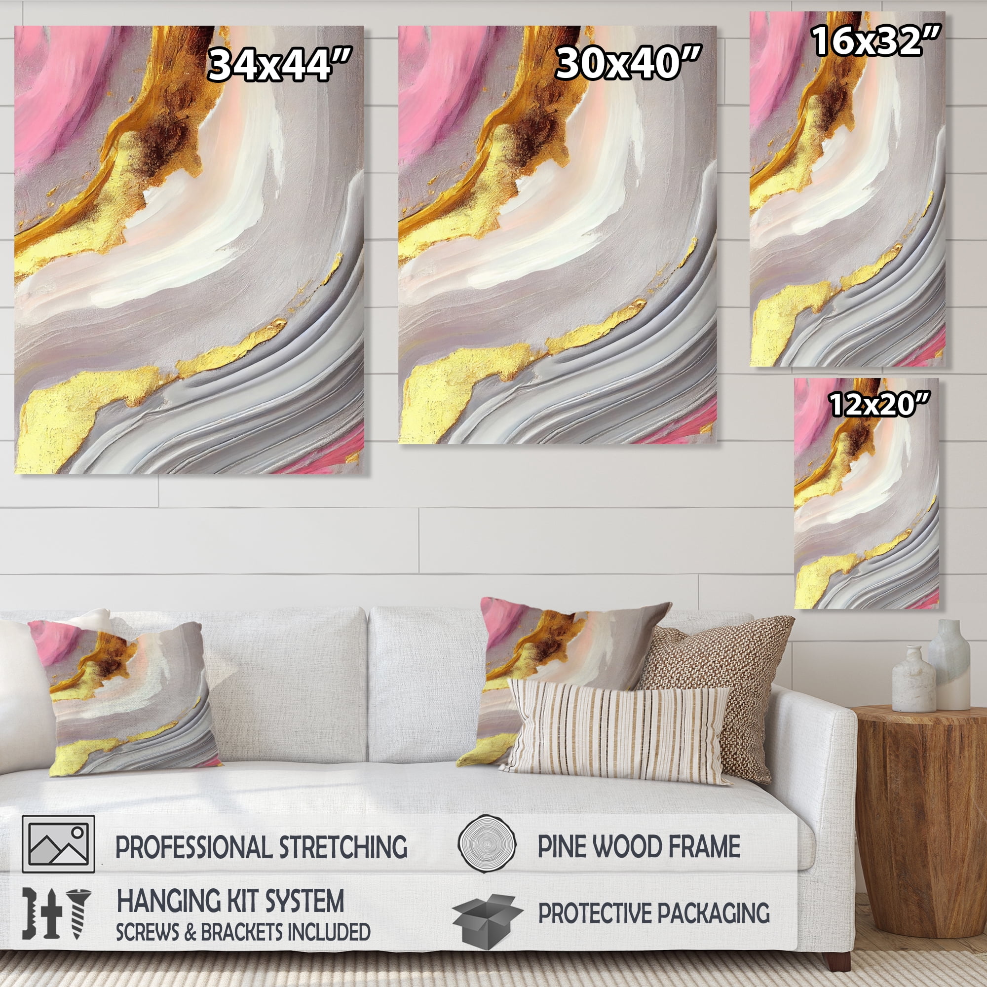 Designart Pink And Gold Marble Abstract VII Canvas Wall Art