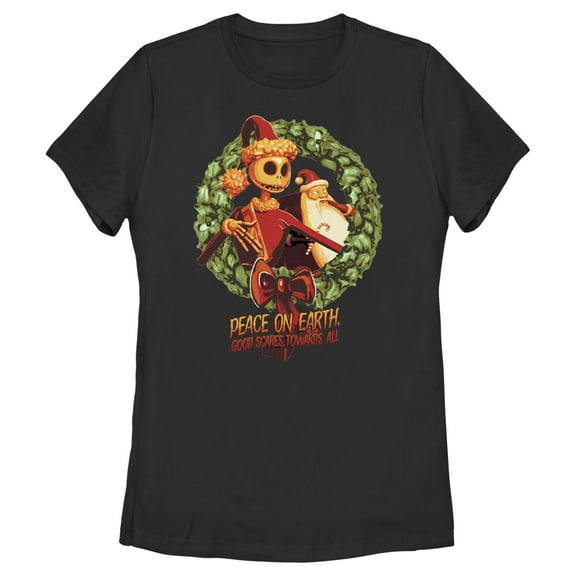 Women's The Nightmare Before Christmas Christmas Jack Peace on Earth Good Scares Towards All Graphic Tee Black Large