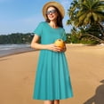 thumbnail image 4 of Uemuo a Teal Ribbonin Print Womens Summer Dress Casual Swing Short Sleeve Sundresses Beach A-line Shift Dress, 4 of 6