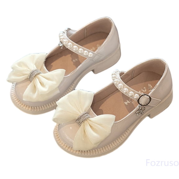 Fozruso Kids BabyGirls Leather Shoes Summer Soft Bottom Pearl Bow With Dress Princess Shoes Little Child/Big Kids,Sizes 9 Little Kid 3.5-4 Years(Beige)